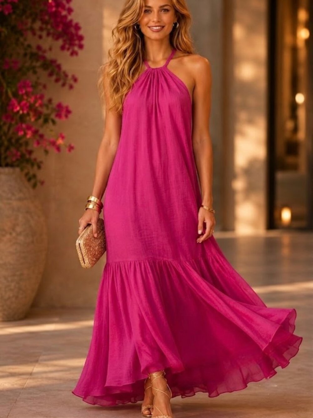 NWOT Banana Republic Fino Fuchsia Pink Halter Tiered Skirt Maxi Dress Size SMALL